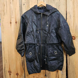 Vintage Black Leather Parka Oversized Jacket Duffle Duster Black Comint Hood